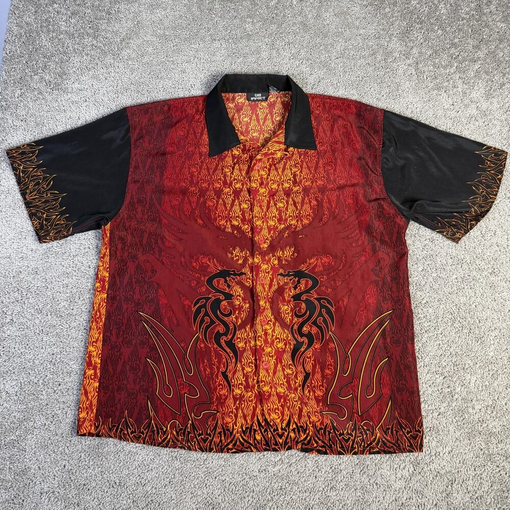 Vintage City IMPACT Shirt Mens 2XL Red Flame Dragon AOP Skater Punk Grunge 90s